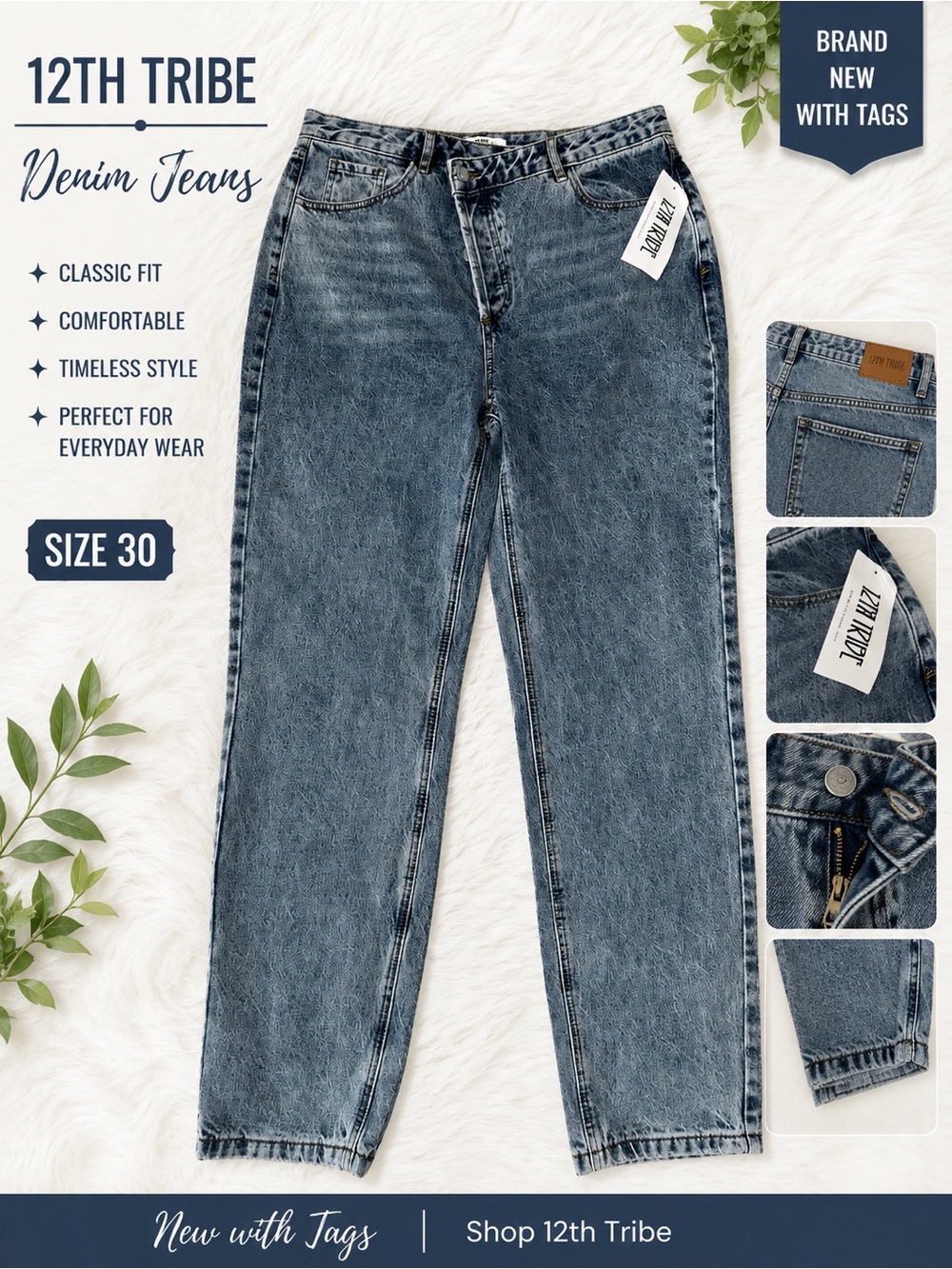 12th Tribe Washed Blue Classic Fit Denim Jeans